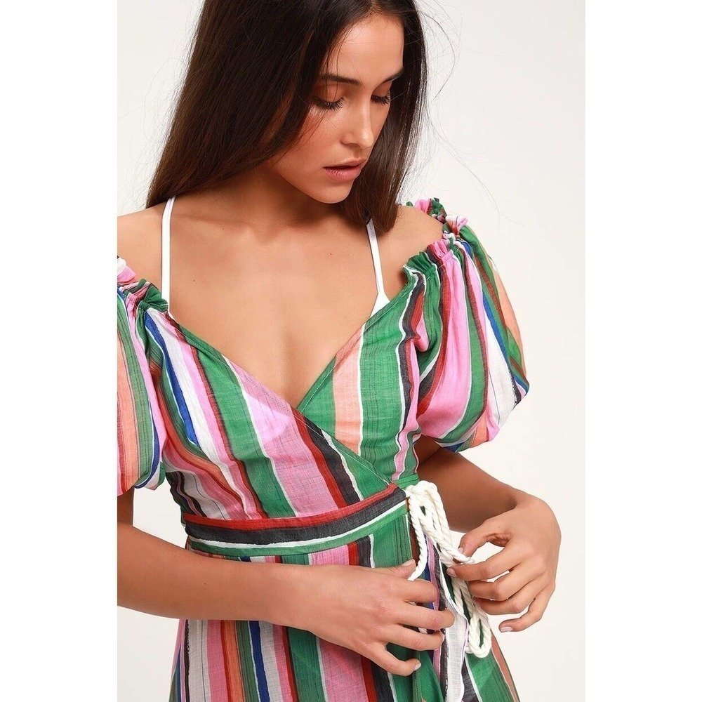 Lulus Bermuda Pink Rainbow Striped Balloon Sleeve Swim Cover Up Womens Small